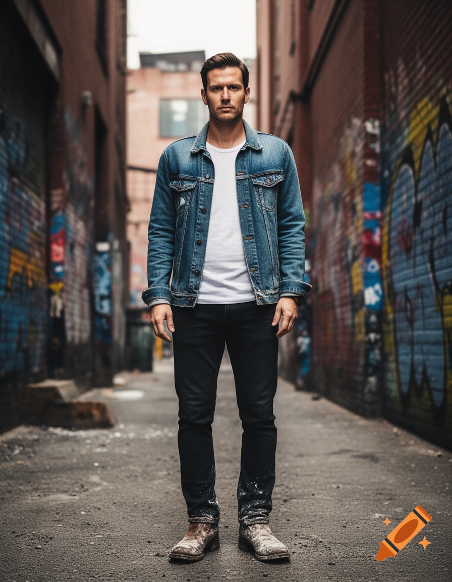 A man in a denim jacket, white t-shirt, black jeans, and brown boots stands in an urban alley with graffiti walls.