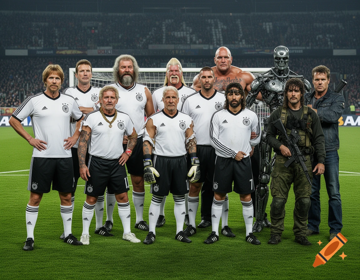 A lineup of eleven action movie and TV show characters, including the Terminator, dressed in German national football team kits on a stadium field.
