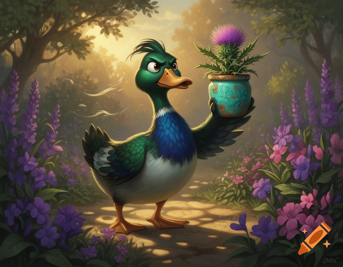 A grumpy cartoon duck holds a potted purple thistle on a path in a colorful, flower-filled forest.