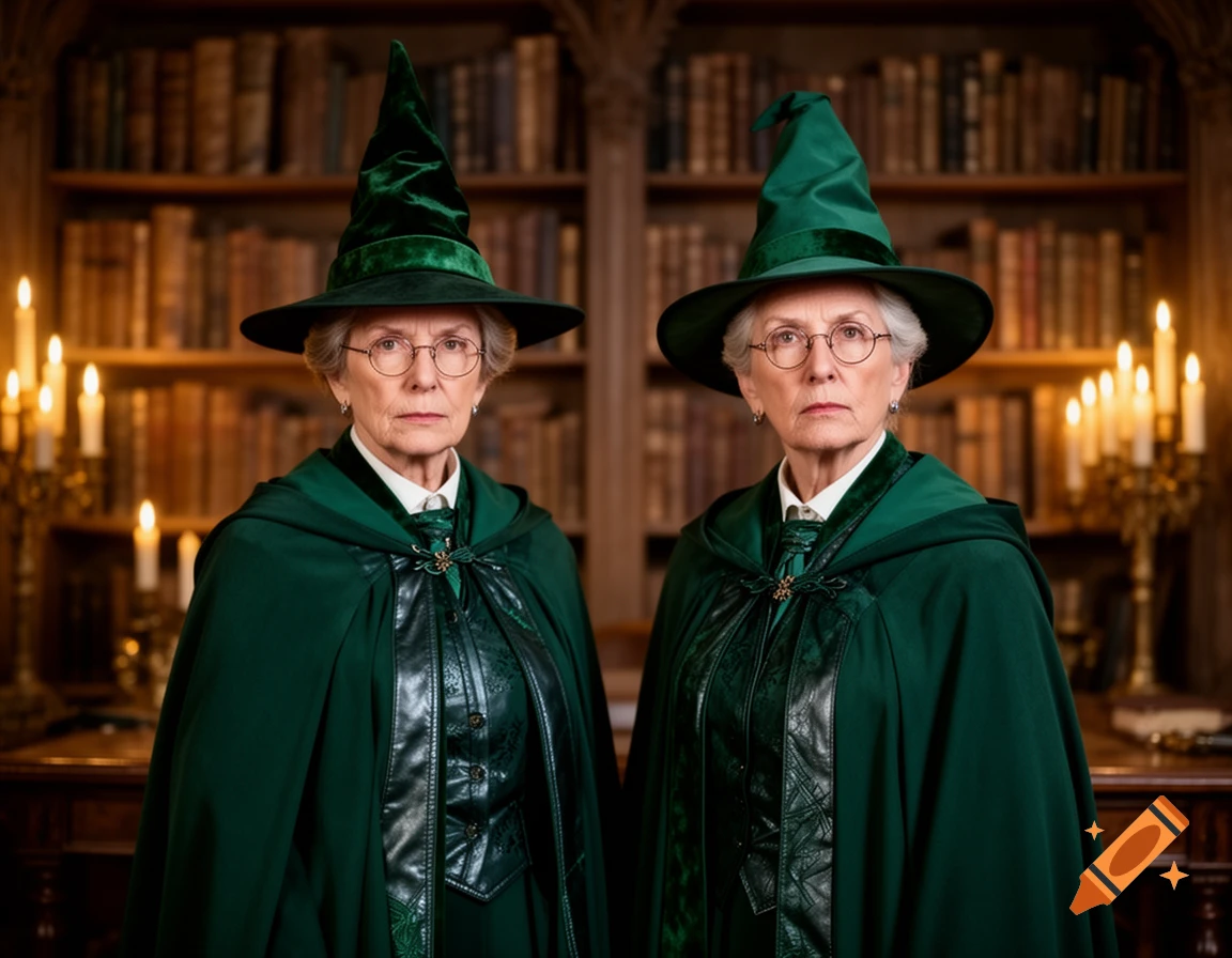Two older women with serious expressions, wearing green witch hats and robes, stand in a library filled with books and lit candles.