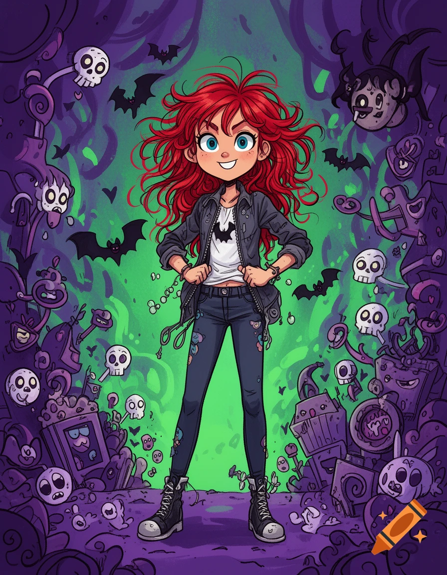 Cartoon girl with red hair in a leather jacket and jeans, surrounded by stylized purple skulls and bats on a green and purple background.