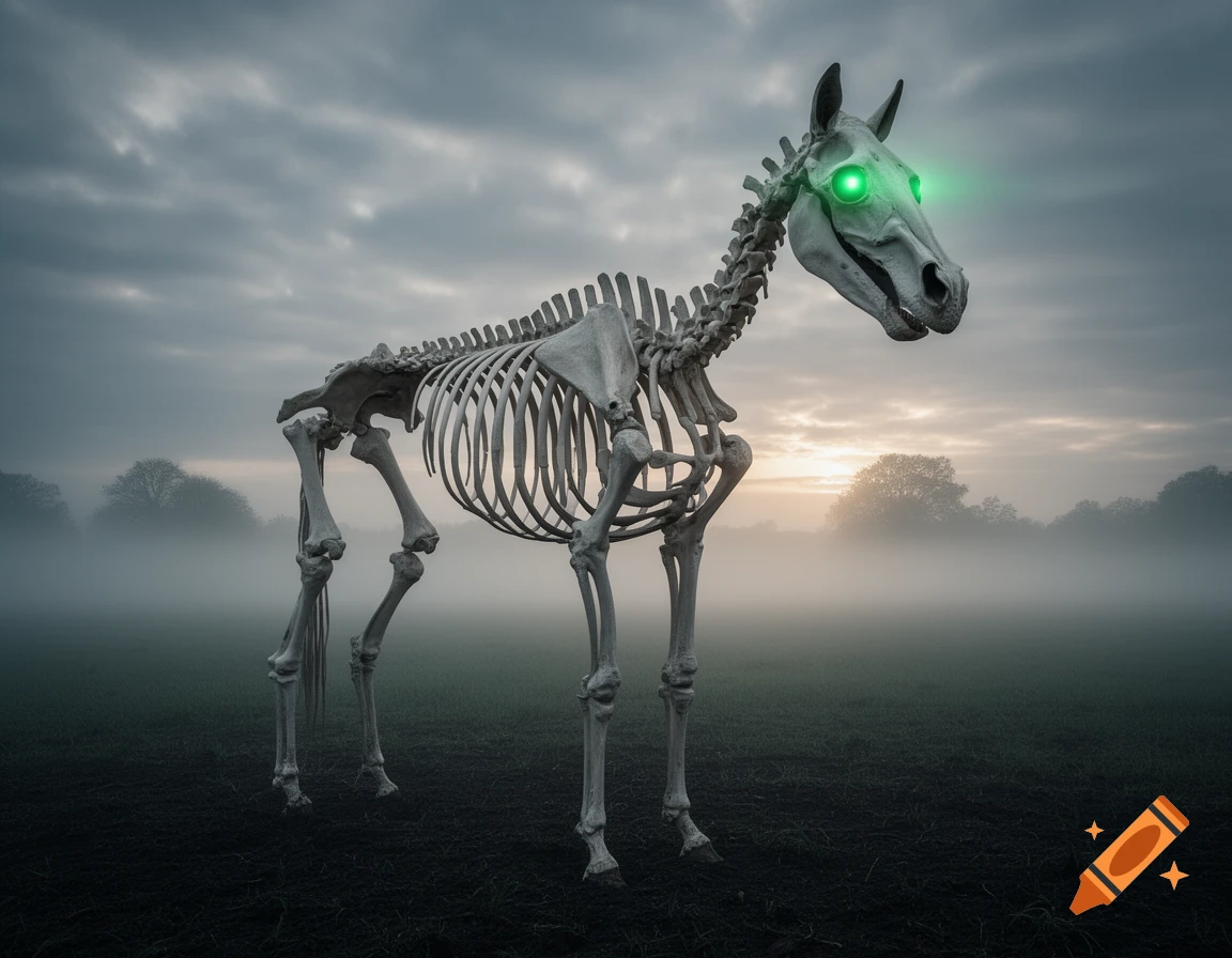 Photorealistic horse skeleton with glowing green eyes stands in a foggy field under a cloudy sky.