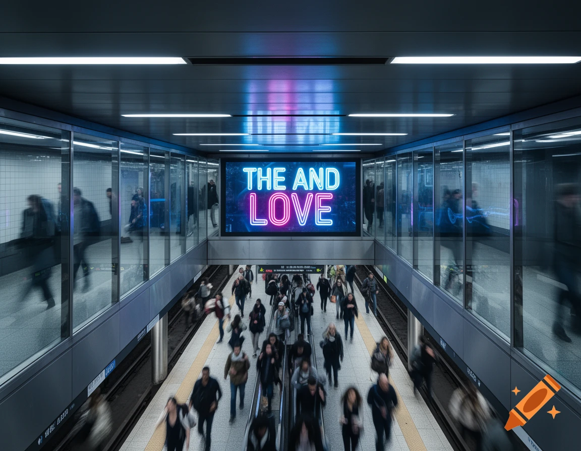 A bustling subway station with blurred figures of people and a large neon sign glowing "THE AND LOVE" above the platform.