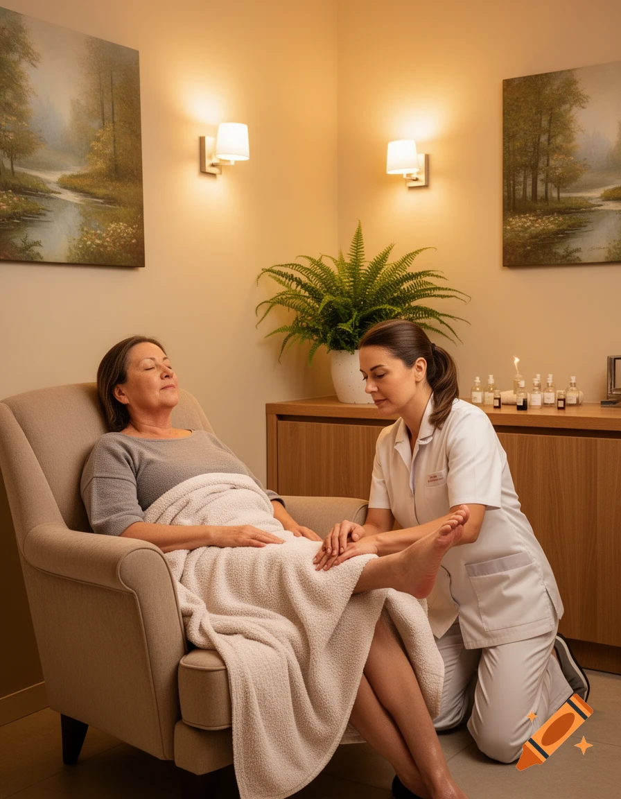 A woman relaxes in an armchair, receiving a foot massage from a therapist in a warm-lit room with paintings and plants.