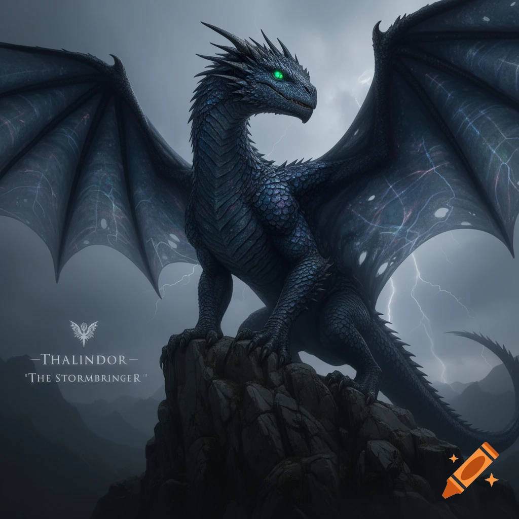 A majestic dark dragon with glowing green eyes perches on a rocky peak under a stormy, lightning-filled sky.