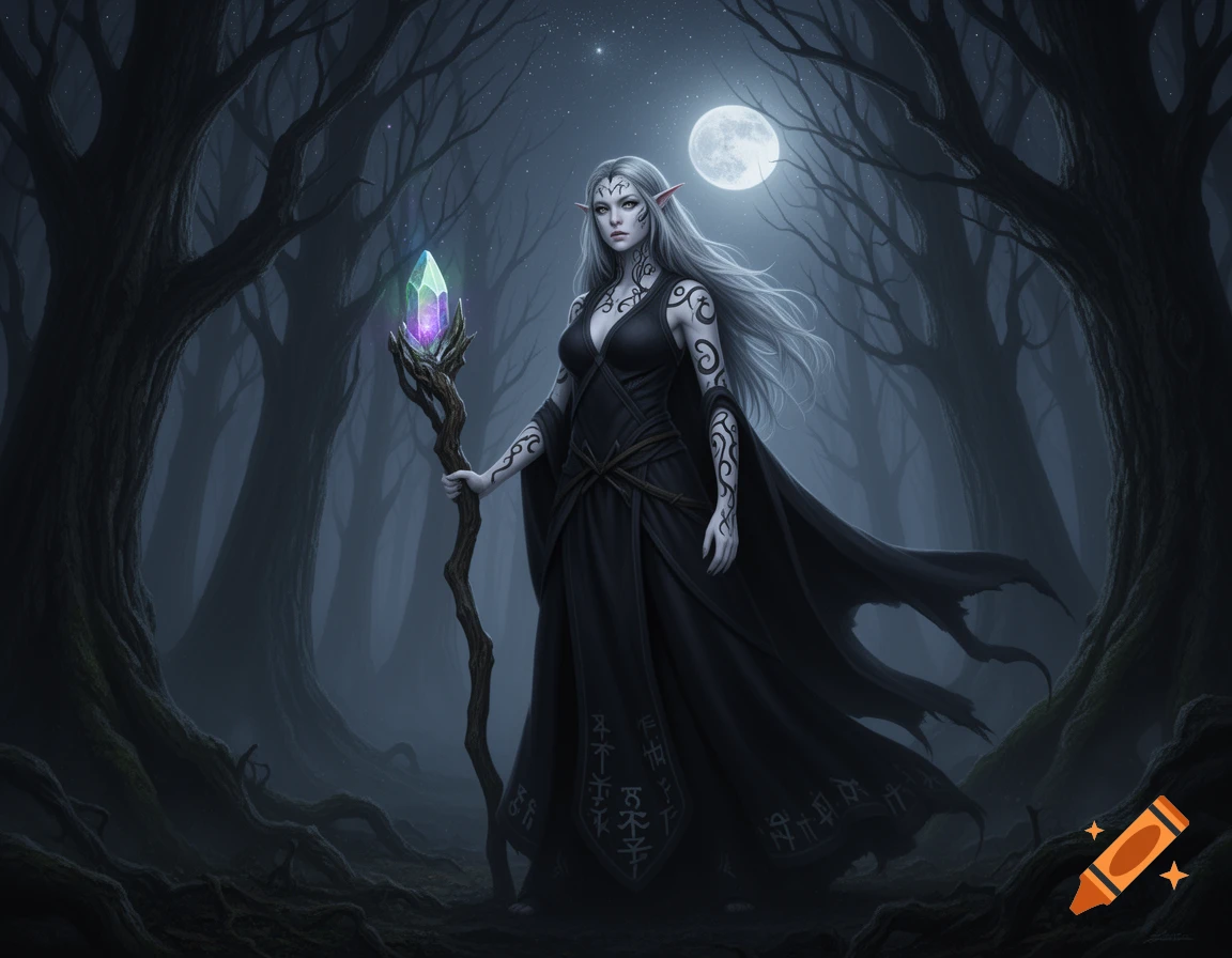 A white-haired female elf druid in dark robes holds a glowing crystal staff in a misty, moonlit forest, fantasy art.