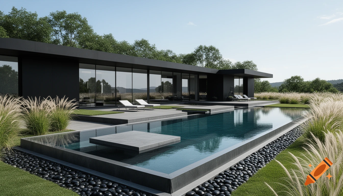 A sleek black modern house with an infinity pool and landscaped garden under a clear sky.