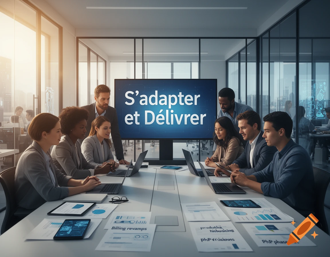 A diverse team of professionals in a modern office meeting, discussing data on laptops with a large screen displaying "S'adapter et Délivrer".