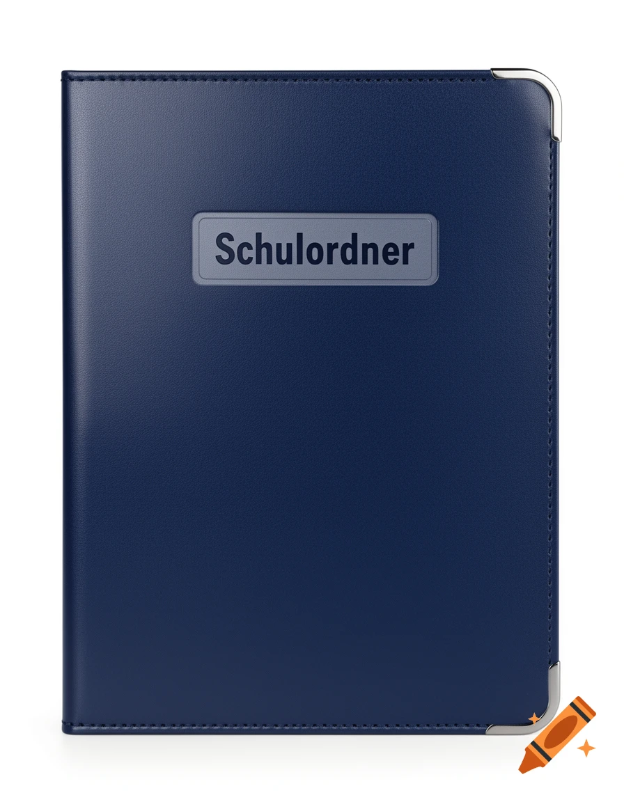 A dark blue school folder with a label reading 'Schulordner' on the front, rendered photorealistically.