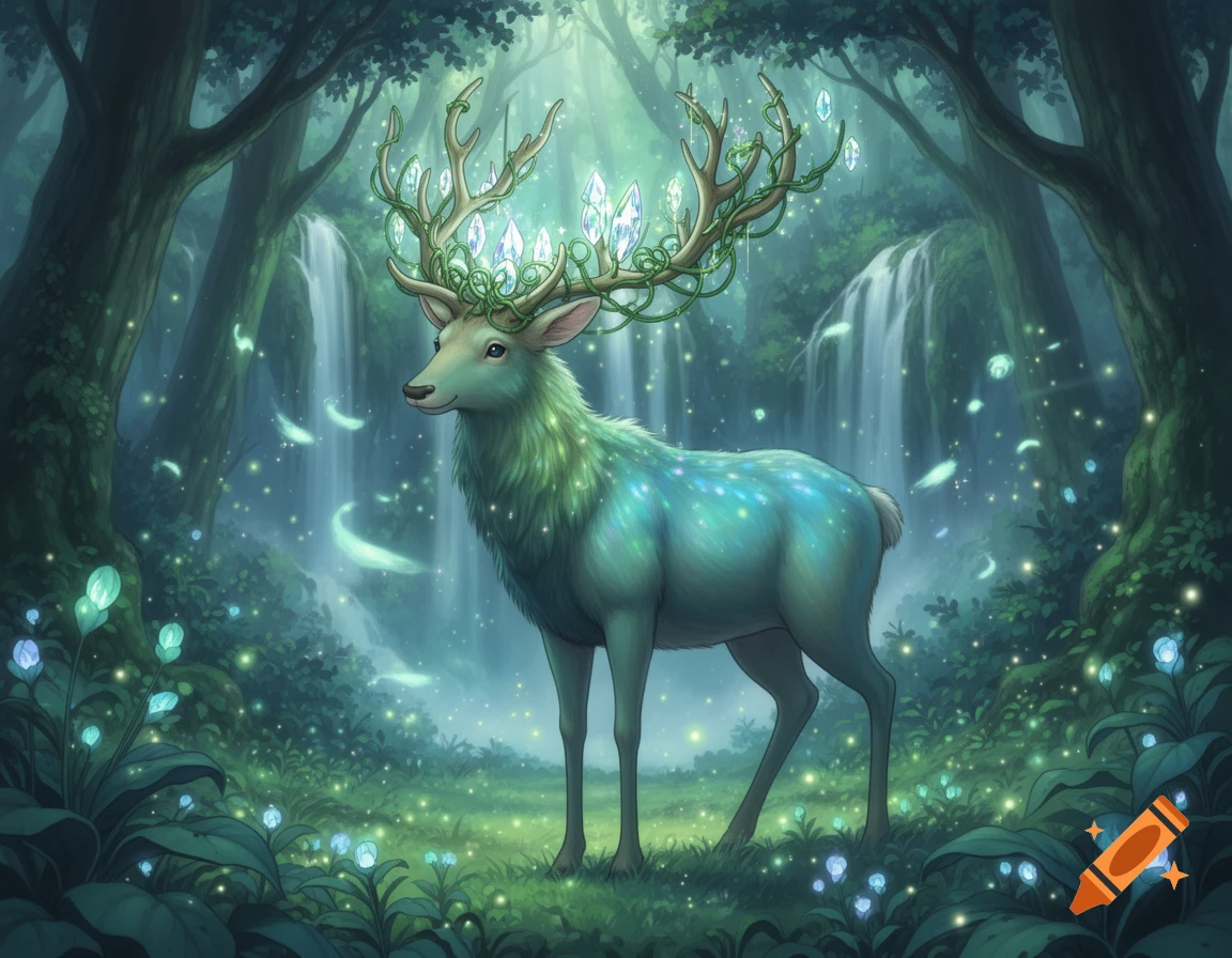 A glowing blue-green fantasy elk with crystal antlers stands in an enchanted forest with luminous plants and waterfalls.