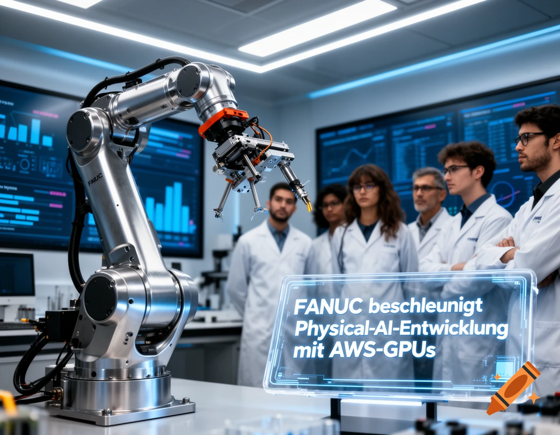A large silver robotic arm in a modern science lab. Researchers in lab coats observe as a holographic display shows German text.
