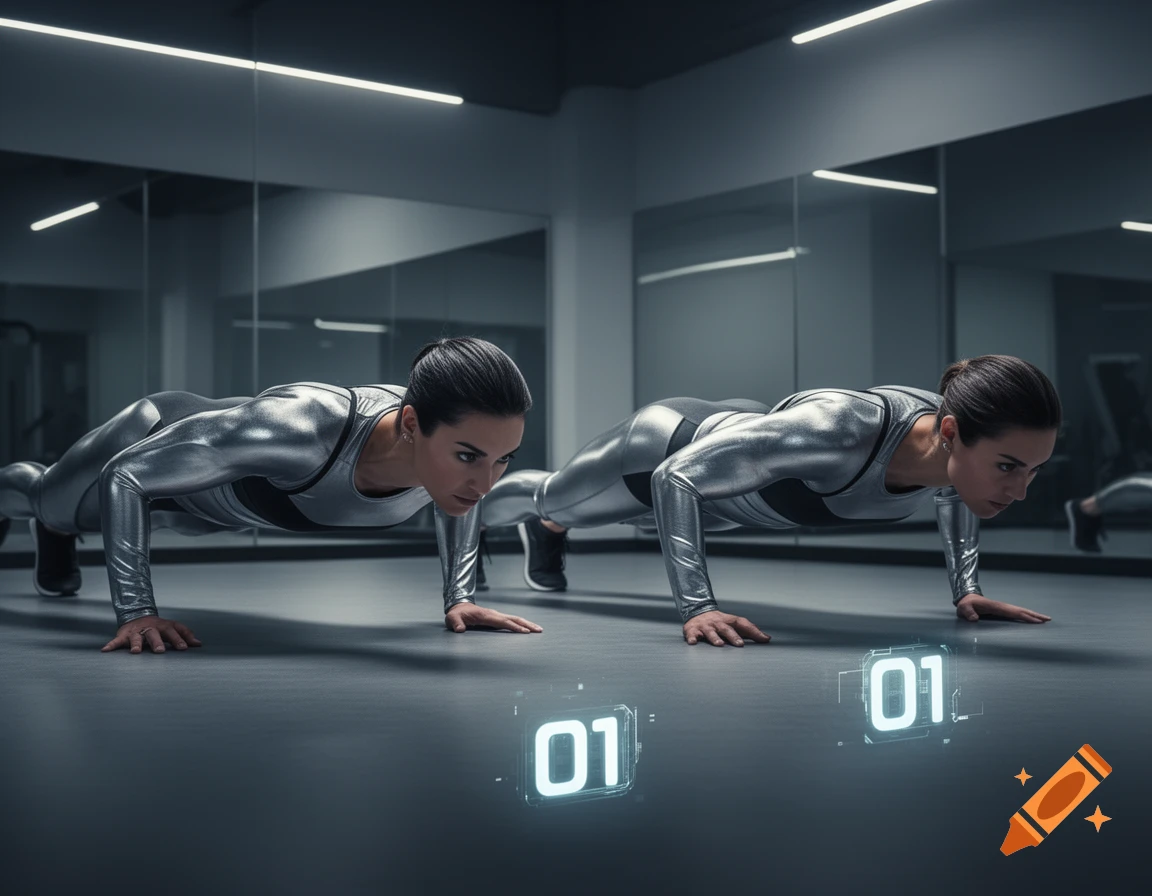 Two women in metallic athletic suits doing pushups in a futuristic gym, with glowing '01' numbers on the floor.