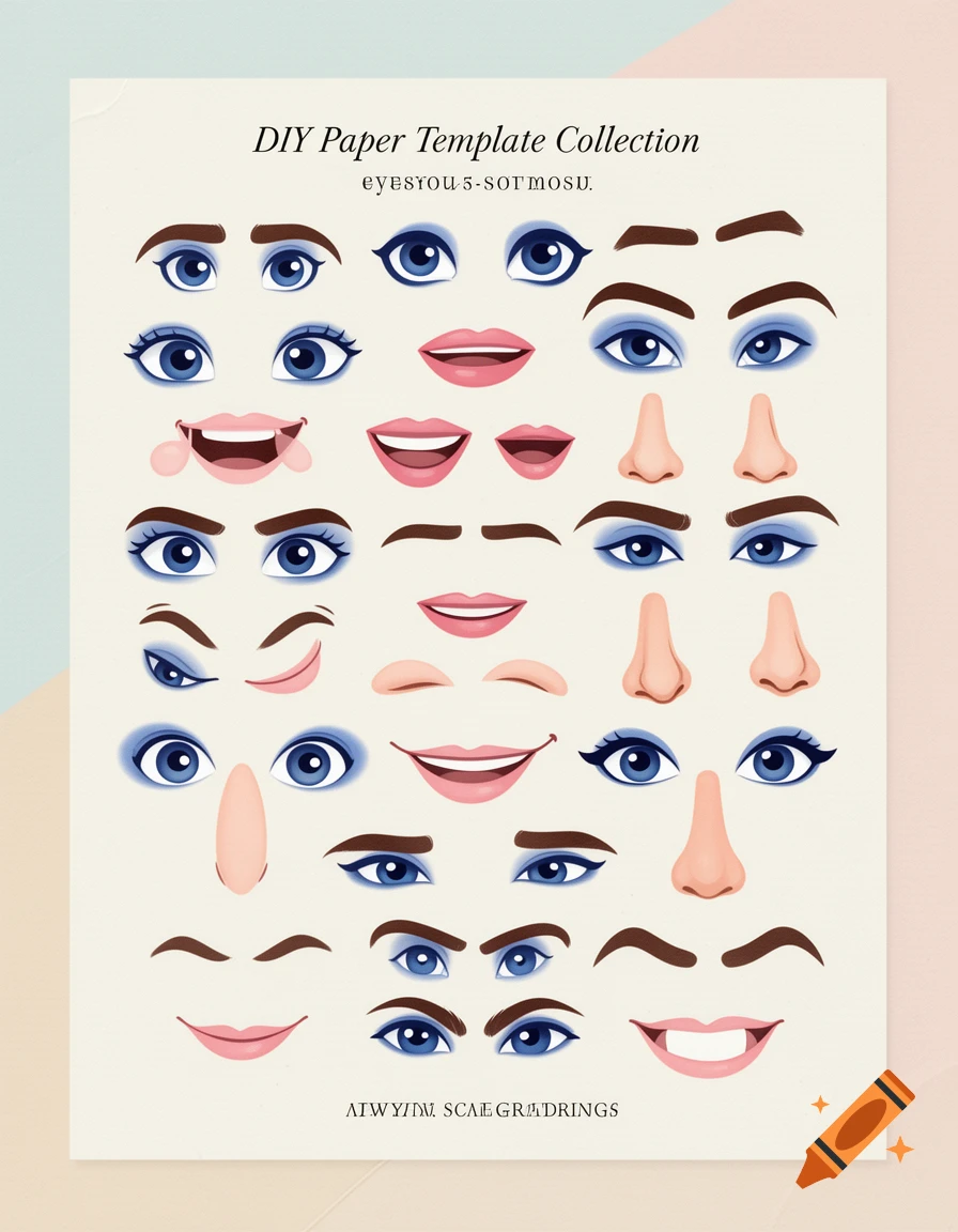 Illustration of various cartoon-style eyes, mouths, eyebrows, and noses on a paper template sheet for crafts.