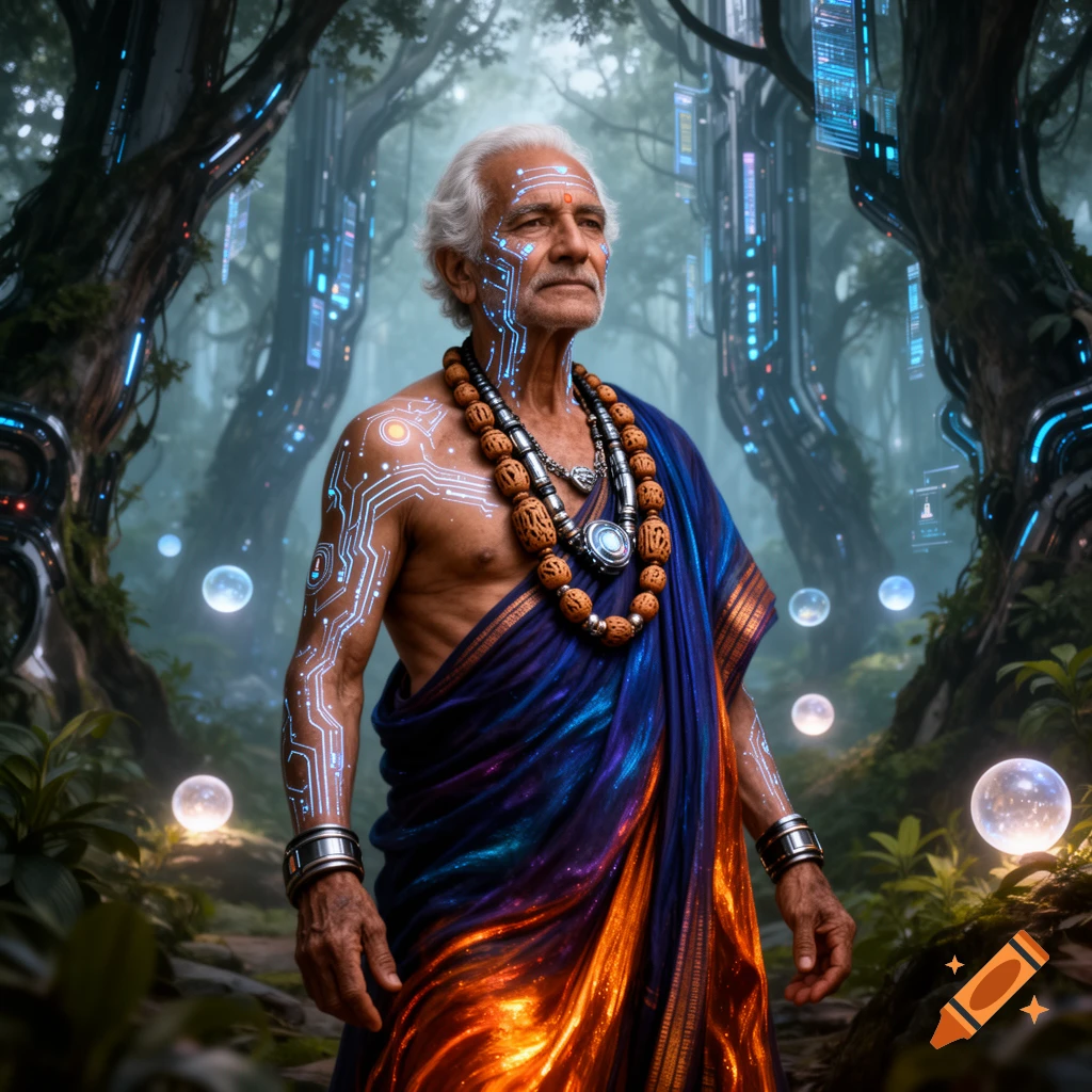 An older man with glowing circuit patterns on his skin wears traditional Indian attire in a futuristic, mystical forest.