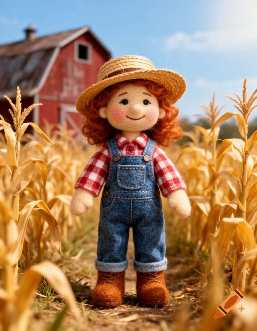Realistic felt puppet of a smiling farmer girl in overalls and a straw hat, standing in a cornfield with a red barn.