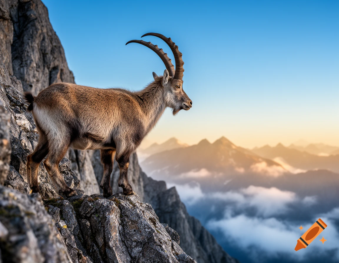 Photorealistic image of an ibex with large curved horns standing on a rocky mountain peak with a scenic mountain range and sky at sunset.