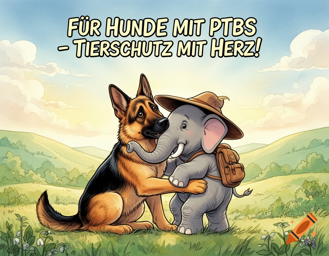 Cartoon German Shepherd dog embracing a small elephant wearing a hat and backpack in a sunny, green field. Text above reads "FÜR HUNDE MIT PTBS - TIERSCHUTZ MIT HERZ!"