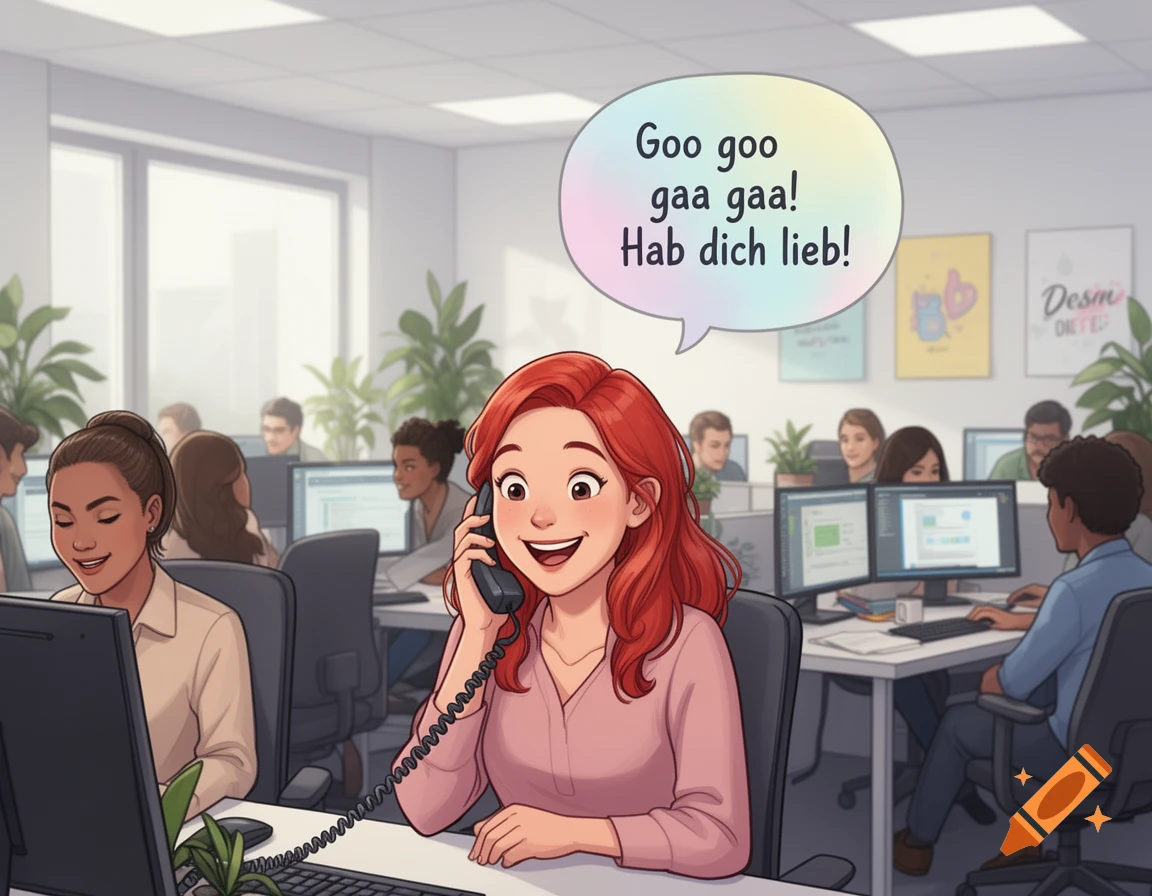 A smiling, red-haired woman in an office talks on the phone with a speech bubble saying "Goo goo gaa gaa! Hab dich lieb!" Other diverse co-workers are in the background.