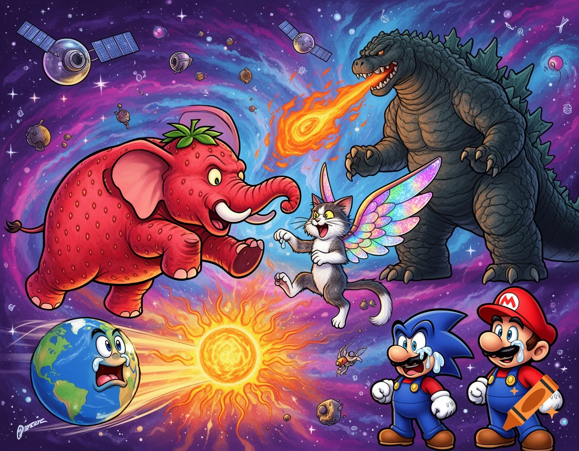A vibrant cartoon scene in outer space featuring a strawberry elephant, a winged cat, Godzilla breathing fire, and crying Earth, Sonic, and Mario characters.
