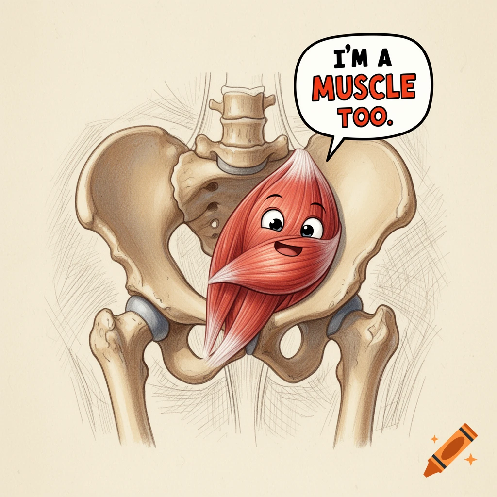 A cartoon muscle with a happy face sits within a human pelvis, speaking "I'm a muscle too." in a speech bubble.
