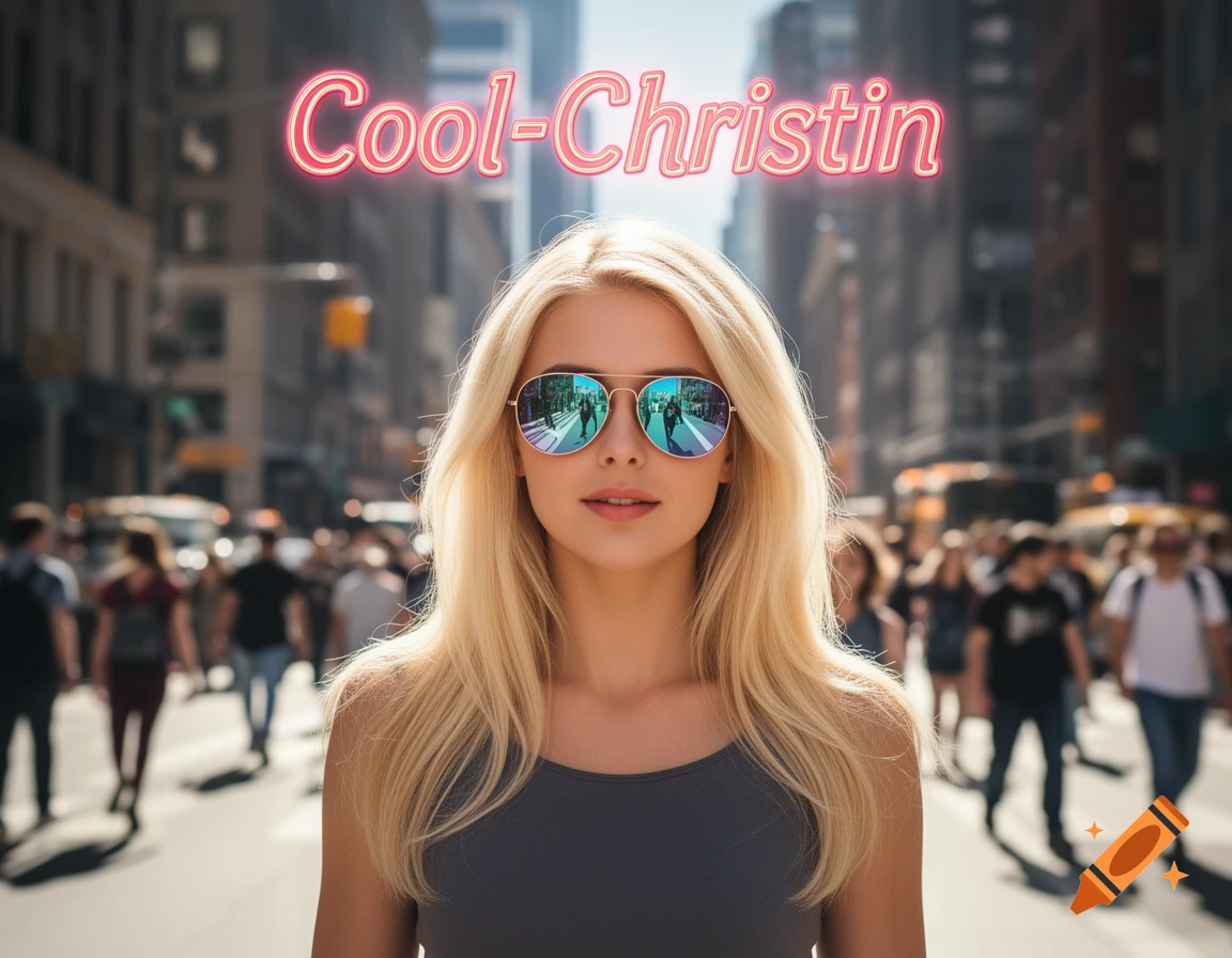 A photorealistic image of a blonde woman wearing sunglasses on a busy city street, with 'Cool-Christin' in neon text above her.