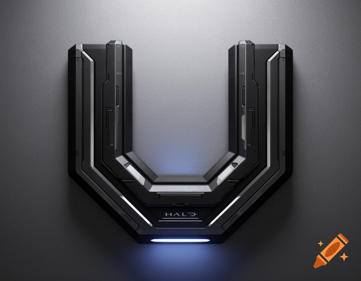 Dark metallic U-shaped wall mount with futuristic design and blue glowing accents, featuring the 'HALO' logo.