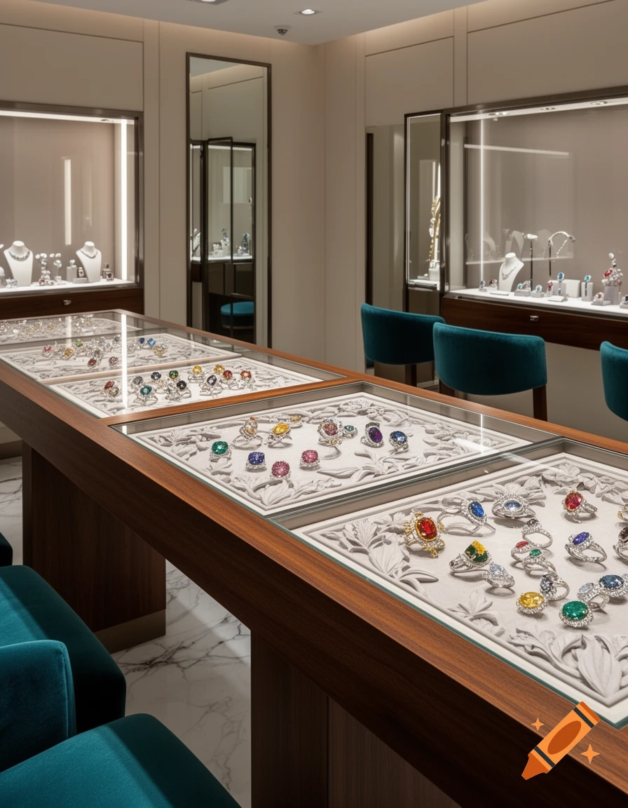 A luxurious jewelry store interior with multiple display cases showcasing a variety of colorful gemstone rings and necklaces.