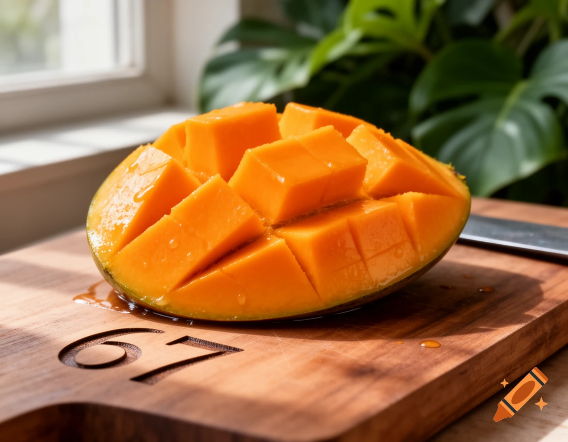 A ripe mango cut into a grid pattern, sitting on a wooden cutting board with the number "67" carved into it. A knife and green foliage are visible in the background.