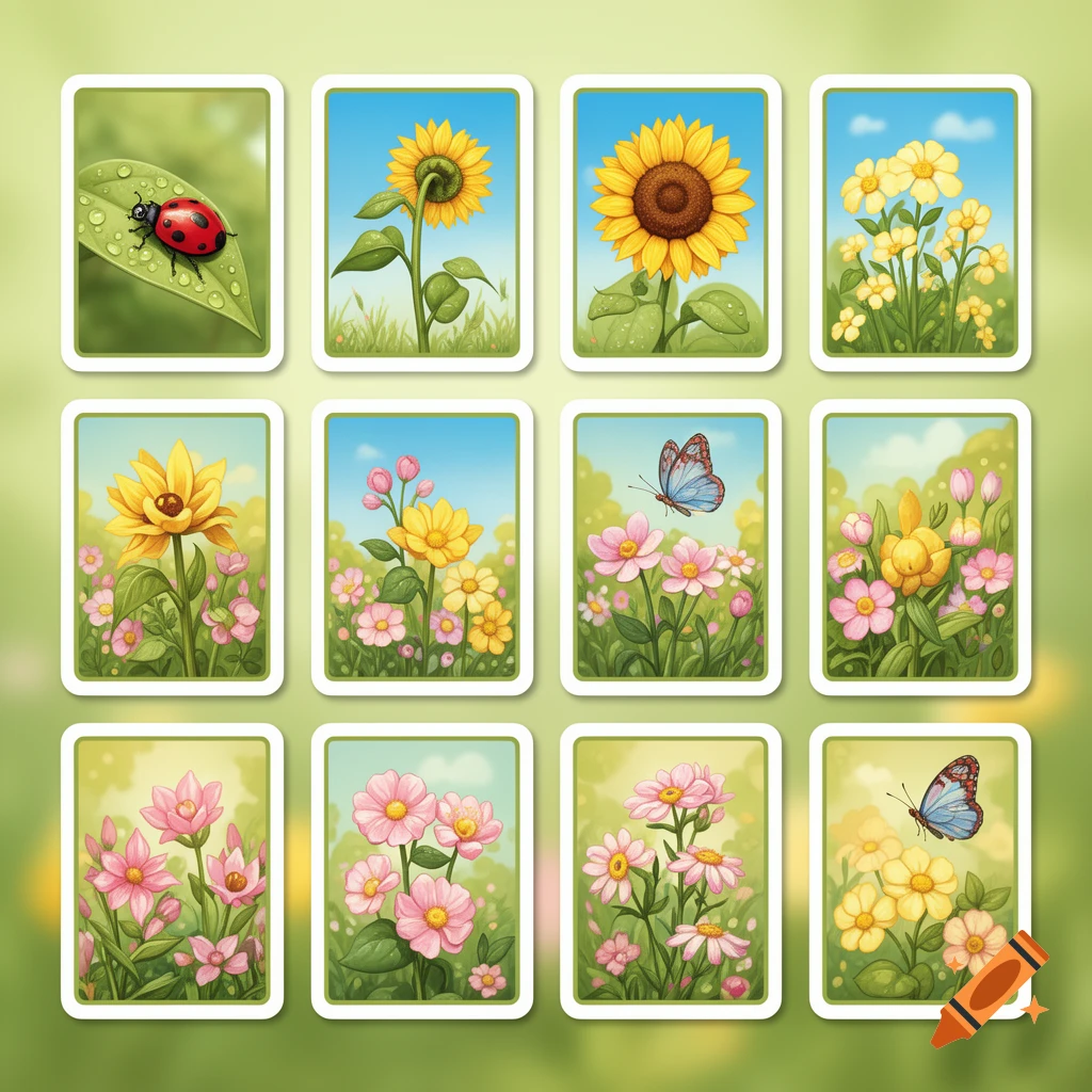 A collection of twelve cartoon-style memory game cards featuring nature scenes: a ladybug, sunflowers, flowers, and butterflies.