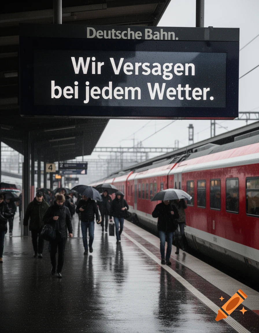 Photorealistic image of people with umbrellas on a wet train platform next to a red train, under a sign reading 'Deutsche Bahn.'