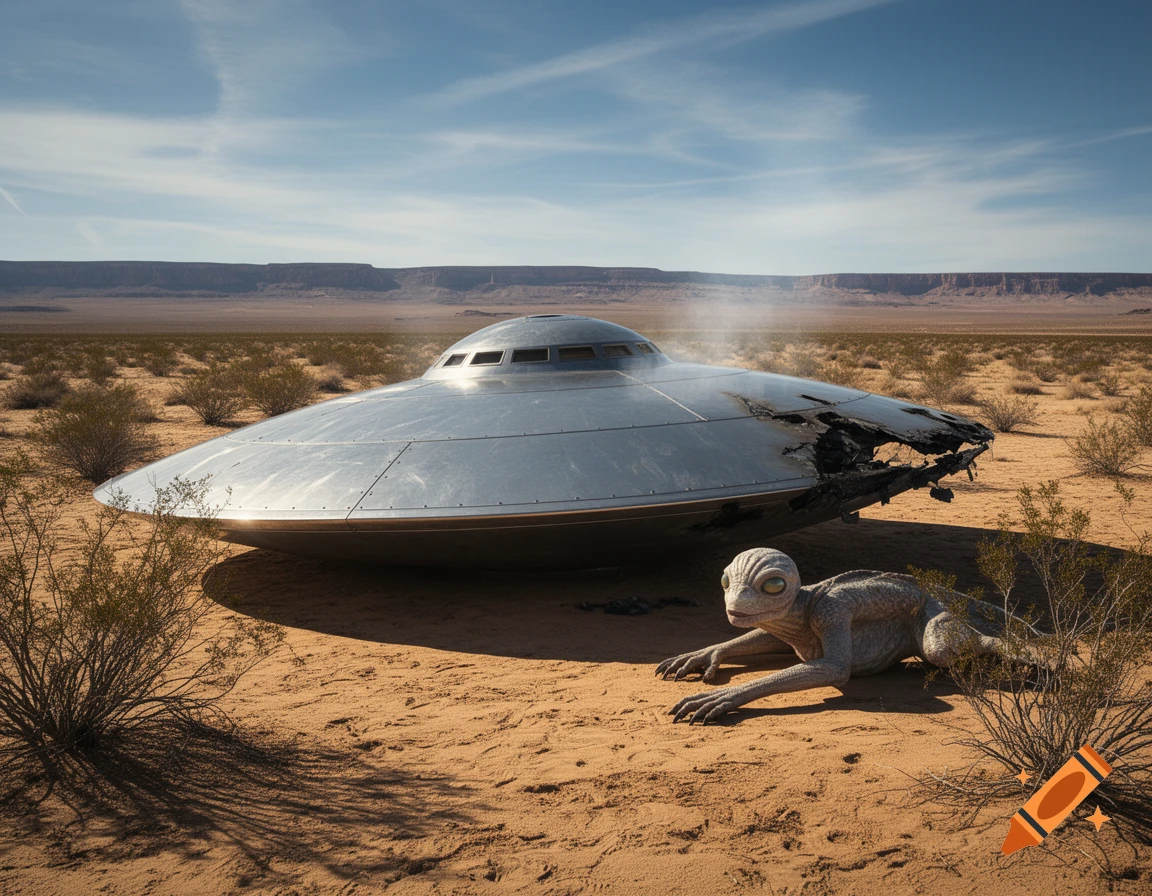 A crashed, smoking silver UFO and a grey alien creature lying on the sand in a vast, photorealistic desert landscape.