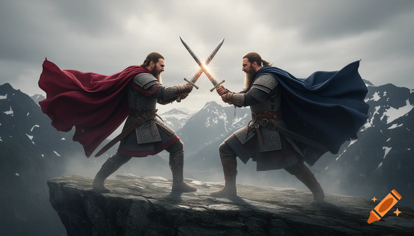 Two bearded Vikings in armor and cloaks duel with swords, sparks flying from their blades on a rocky mountain cliff.