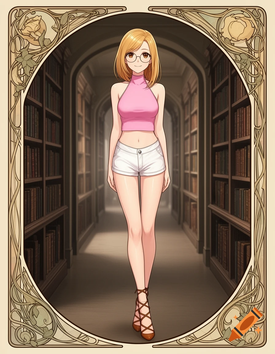 Anime woman with blonde hair, glasses, pink halter top, white shorts, and strappy heels in a library, framed by Art Nouveau border.