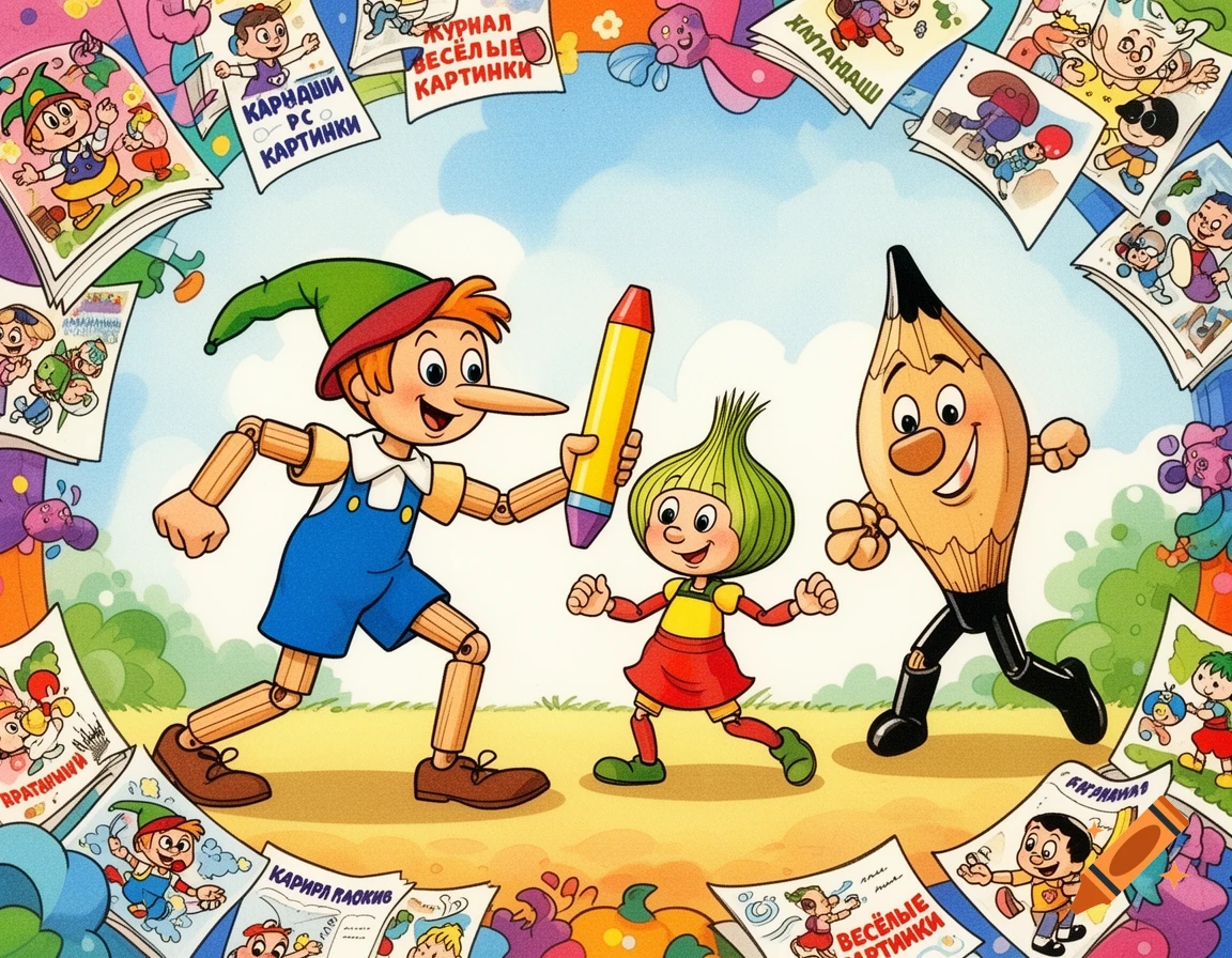 Cartoon characters, including a Pinocchio-like boy, an onion-headed child, and a walking pencil, surrounded by floating drawings and papers against a blue sky.