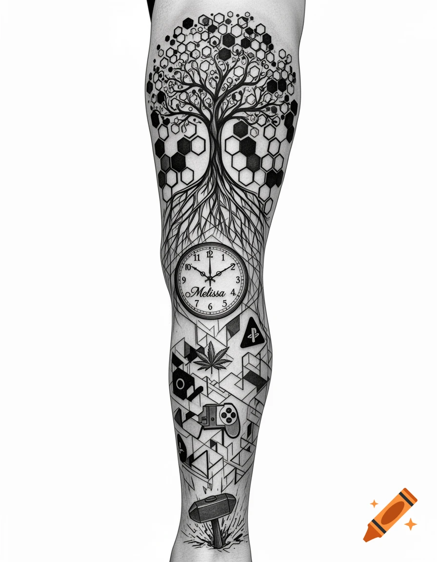 Black and white geometric leg tattoo featuring a tree of life with hexagonal leaves, a clock showing 8:25 with 'Melissa', and gaming symbols.