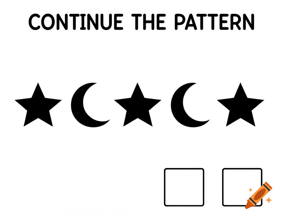 Black and white kids' worksheet titled 'CONTINUE THE PATTERN' showing a sequence of stars and crescent moons followed by two blank squares.