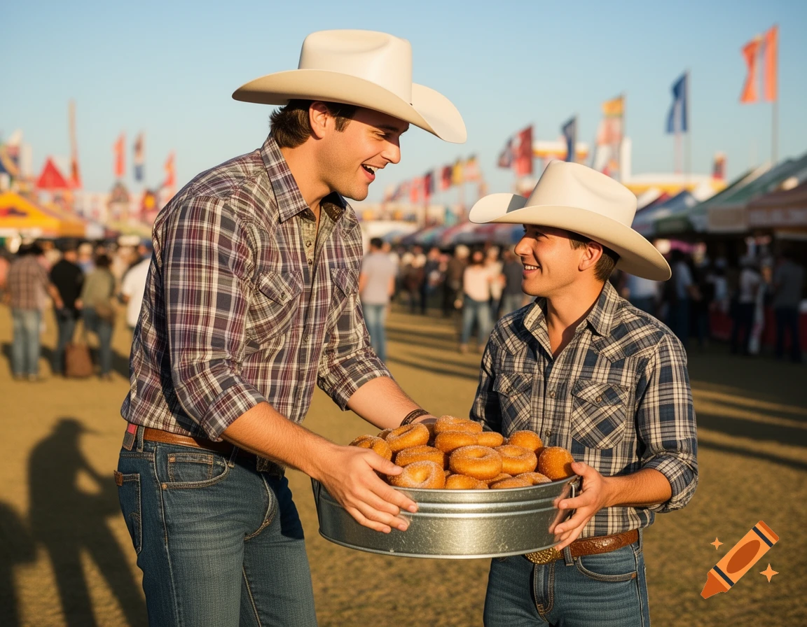Two smiling cowboys, one taller than the other, hold a pail of powdered donuts at a sunny outdoor fair.