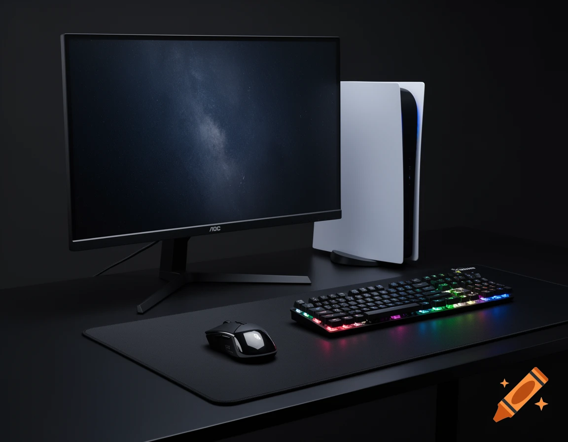 Photorealistic image of a modern gaming setup with a black AOC monitor, white PS5 Slim, RGB keyboard, and gaming mouse on a black desk.