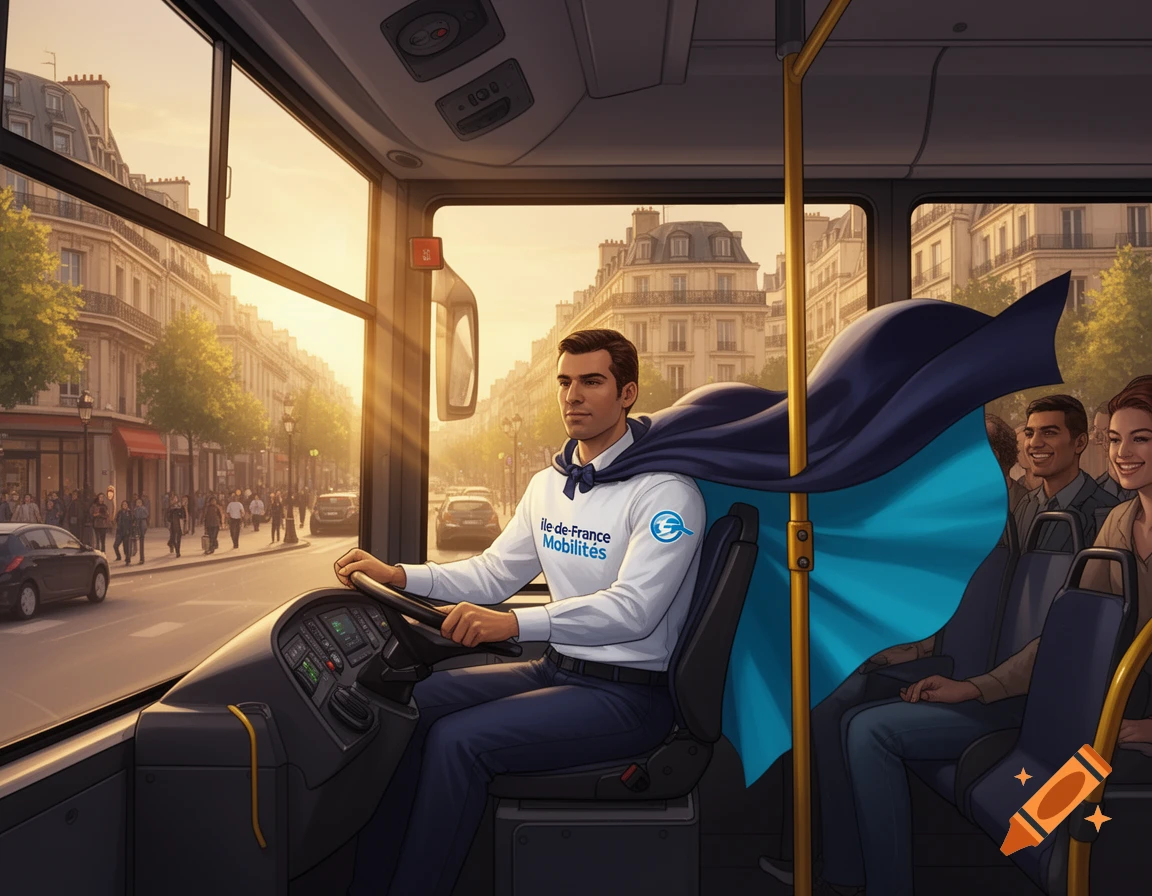 Illustrated bus driver wearing a superhero cape, driving a bus through a city street with Parisian architecture at sunset.