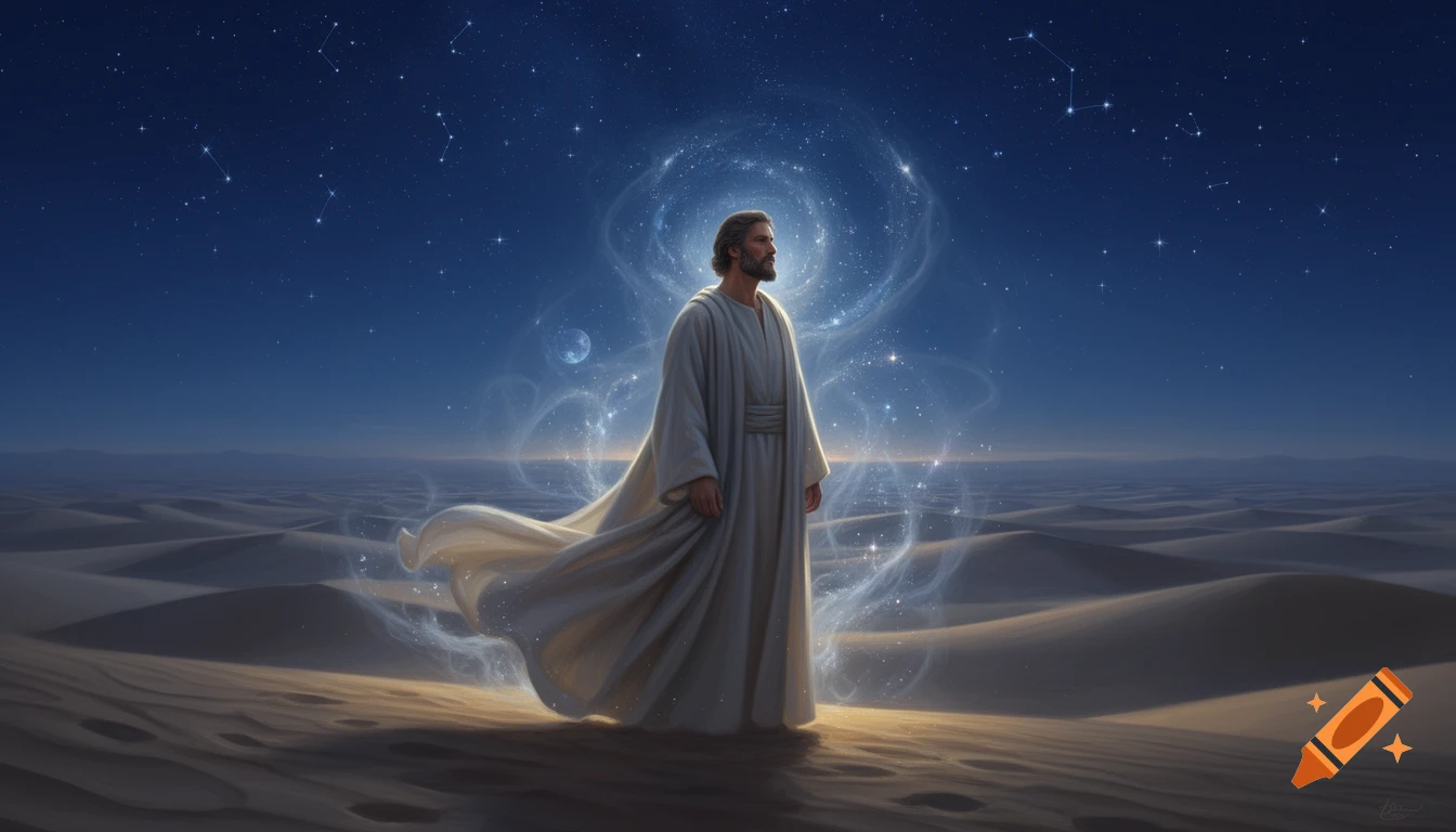 A man in a long robe stands in a desert under a starry night sky, surrounded by mystical blue light.