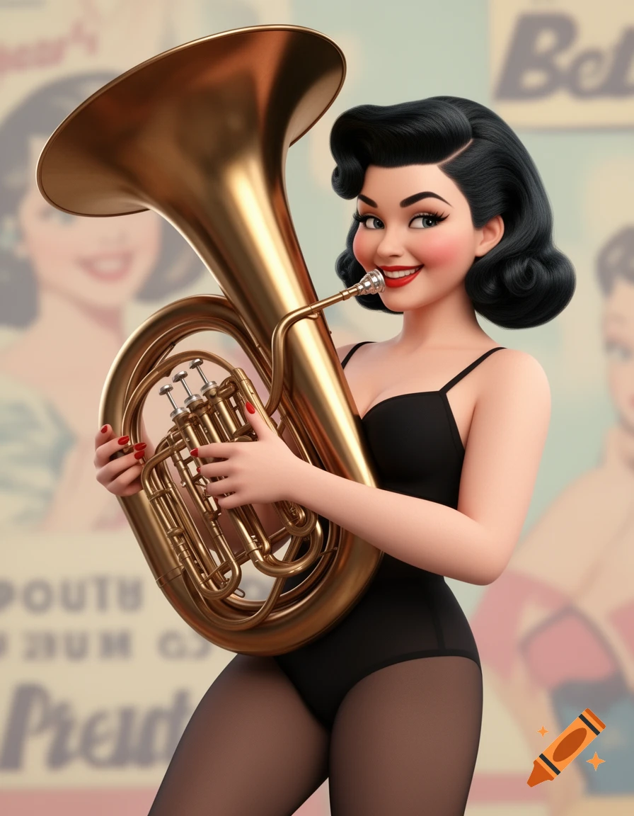 A stylized 3D pin-up woman with black hair, wearing a black leotard and pantyhose, playing a large brass sousaphone.