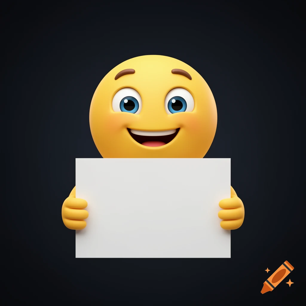 A cheerful 3D emoji with blue eyes and a big smile holds a blank white sign against a dark background.