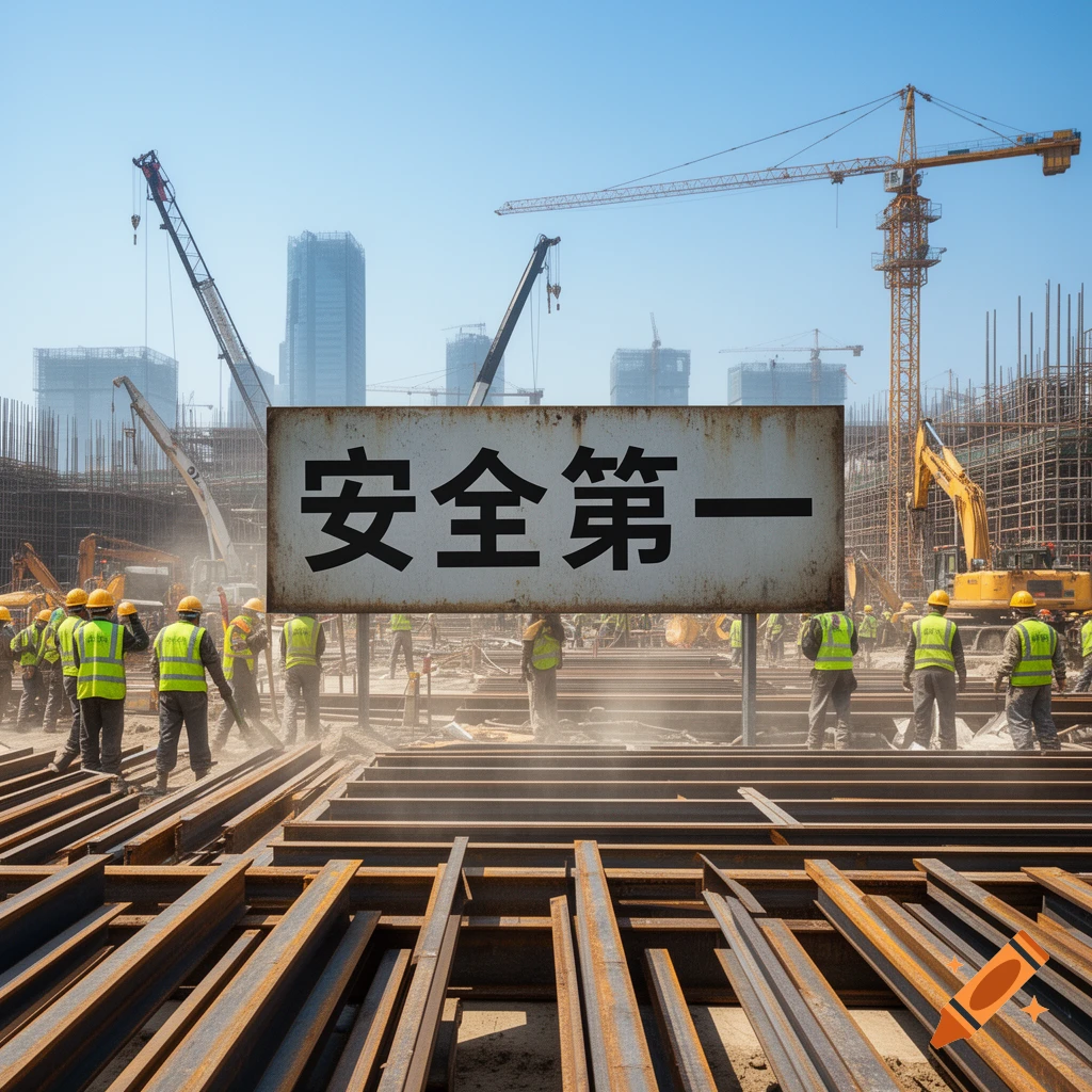 Photorealistic image of a busy construction site with workers, cranes, and a large sign reading "安全第一" (Safety First).