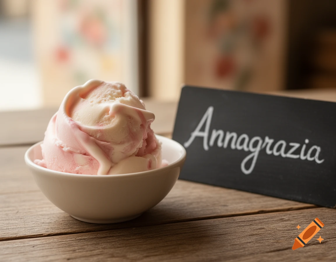 Photorealistic close-up of a bowl of pink and white swirled ice cream on a wooden table with a sign reading Annagrazia.