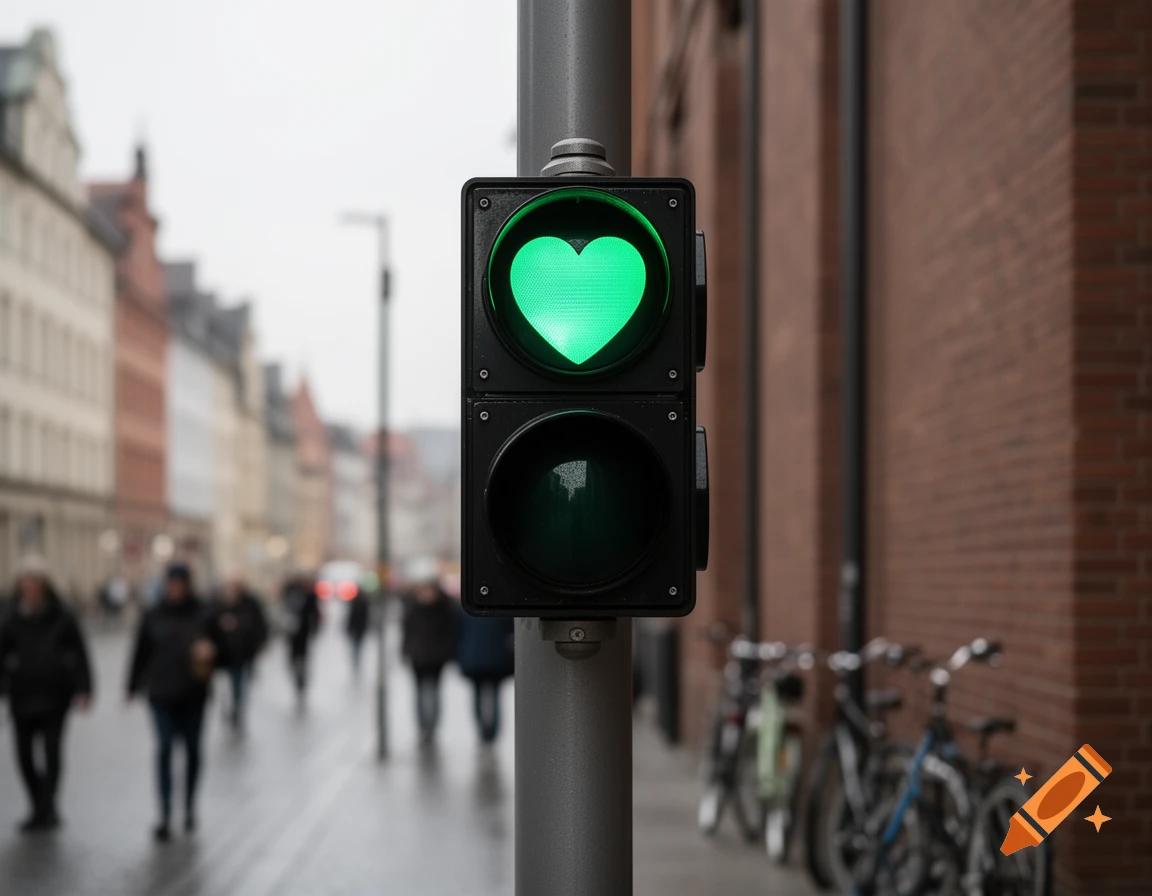 A photorealistic street scene with a green traffic light showing a heart symbol, pedestrians, and buildings in the blurred background.