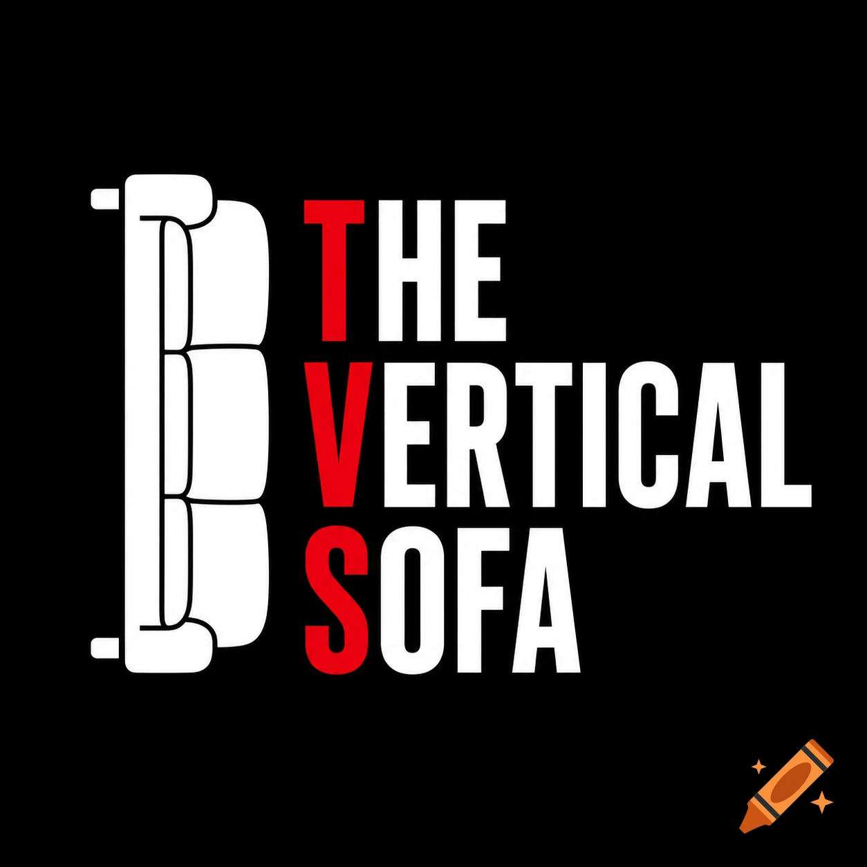 Minimalist logo on a black background with a vertical white sofa silhouette on the left and white text "THE VERTICAL SOFA" on the right, with 'T', 'V', 'S' in red.