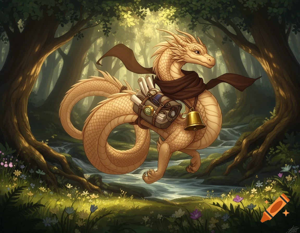 A tan dragon with a dark scarf and brass bell, carrying a pack, in a sunlit forest with a stream and wildflowers, illustrative style.