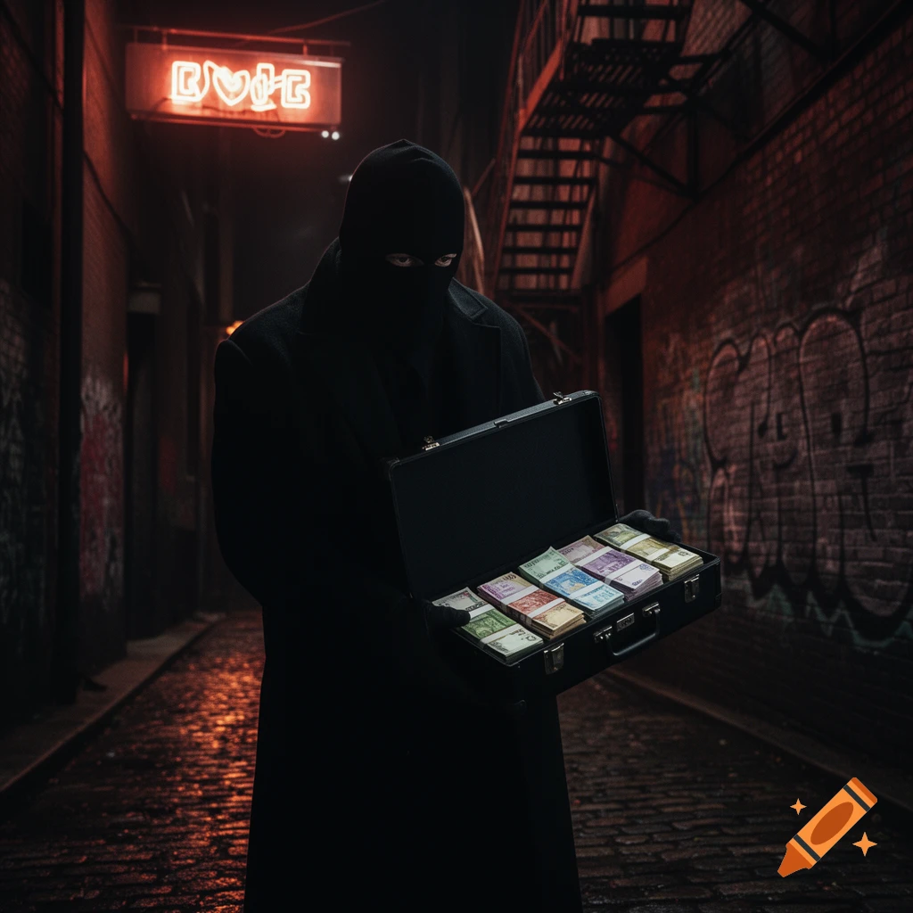A person in a black balaclava and coat holds an open briefcase filled with stacks of colorful money in a dark, wet alleyway with neon signs and graffiti.