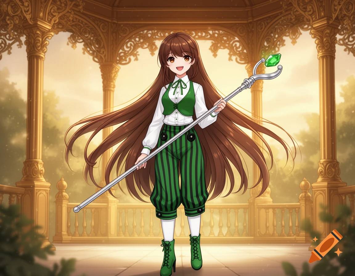 A cute anime girl with long brown hair, amber eyes, wearing a green Victorian outfit, holding a staff, in a golden pavilion.