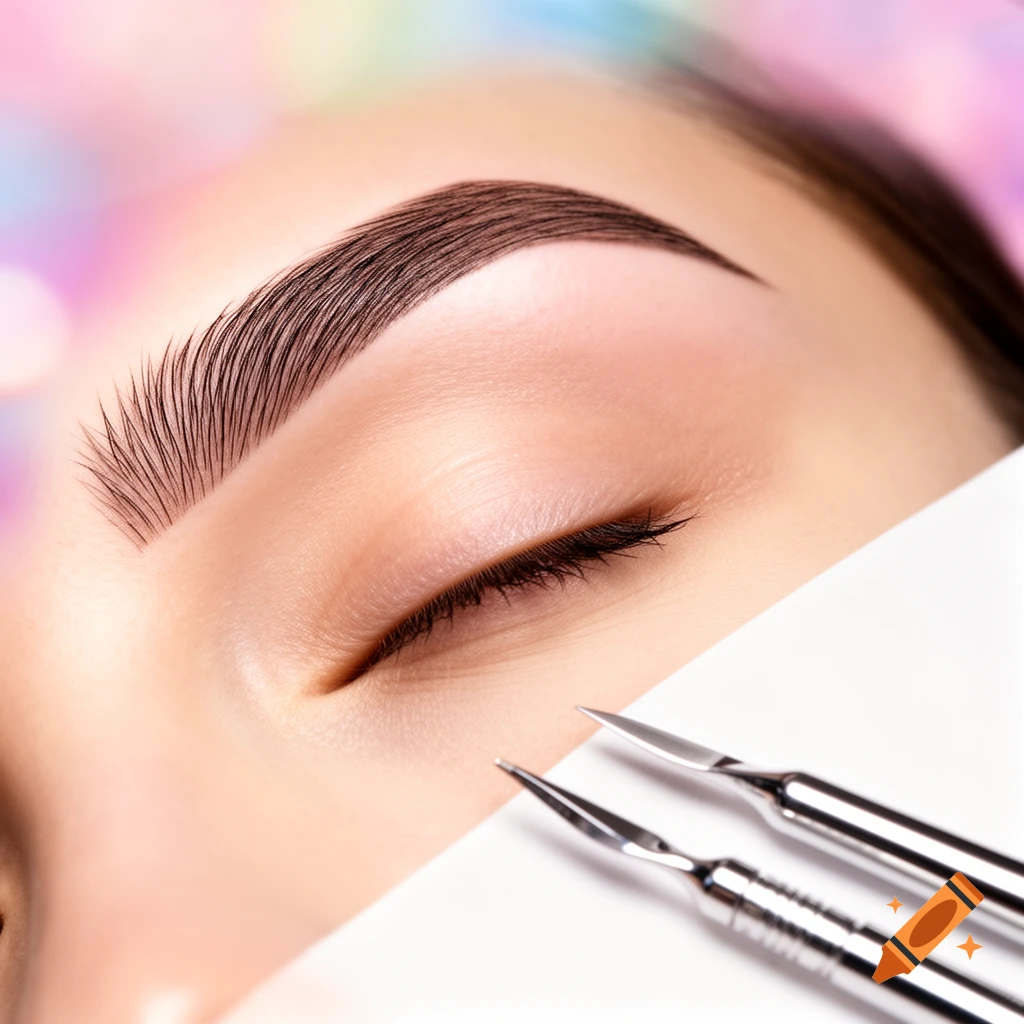 Close-up of a groomed microbladed eyebrow and closed eye with beauty tools on a white surface.